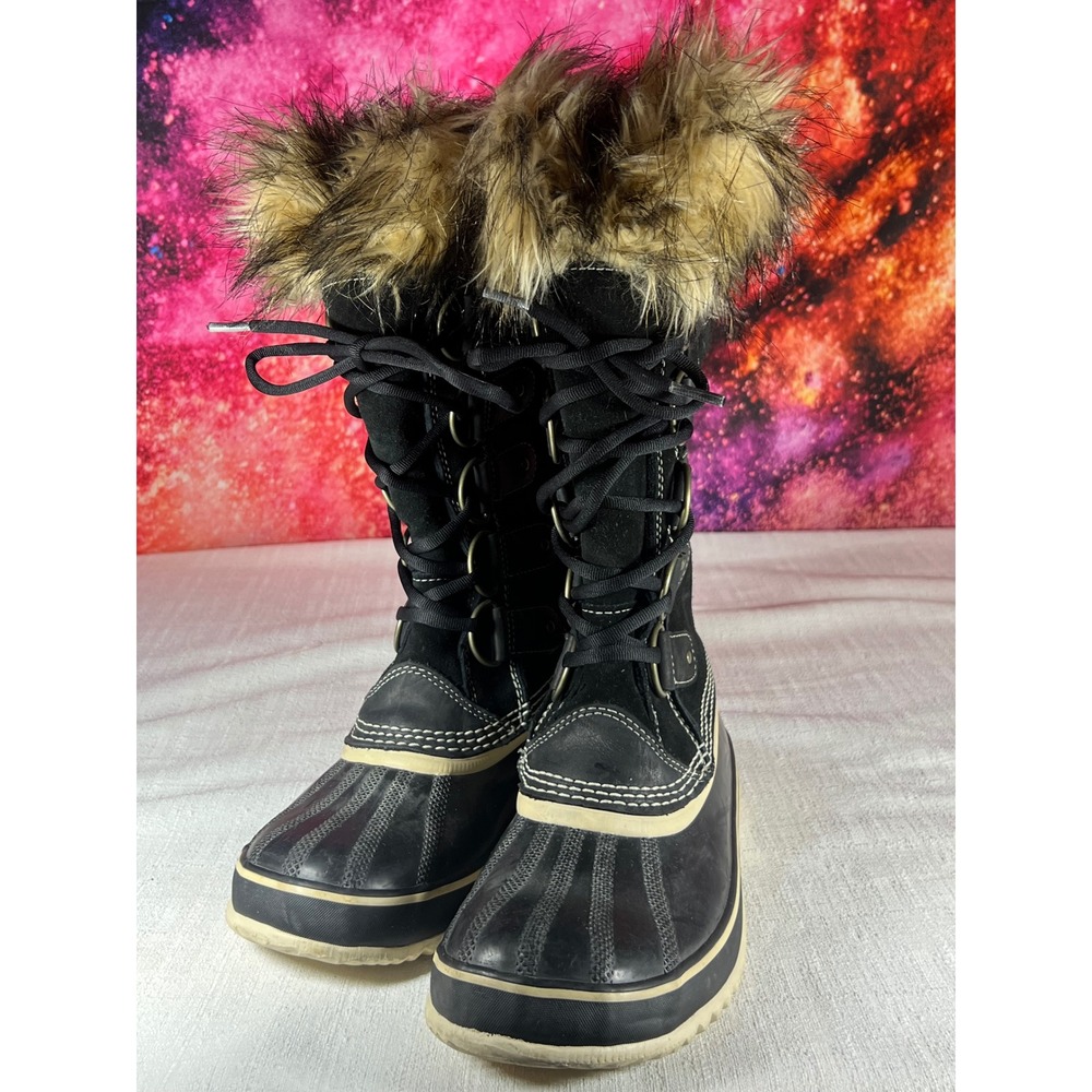 Sorel Joan of Arctic Black Suede Waterproof Winter Snow Boots Faux Fur Trim